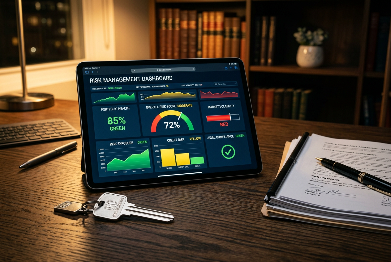 A secure digital environment represented by a tablet with financial data and a physical key on a wooden desk.