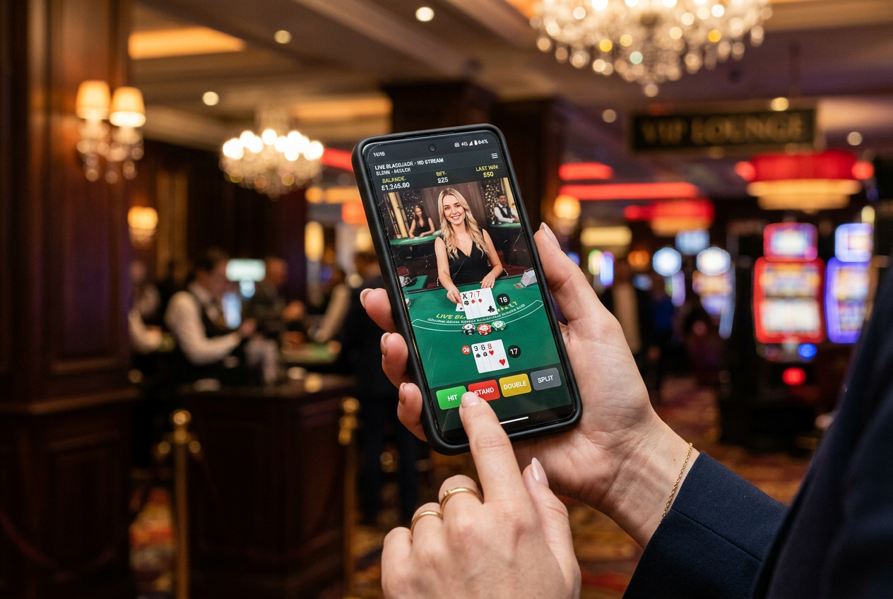 Close-up of a high-end smartphone screen showing a professional live blackjack table with an interface optimized for 2026