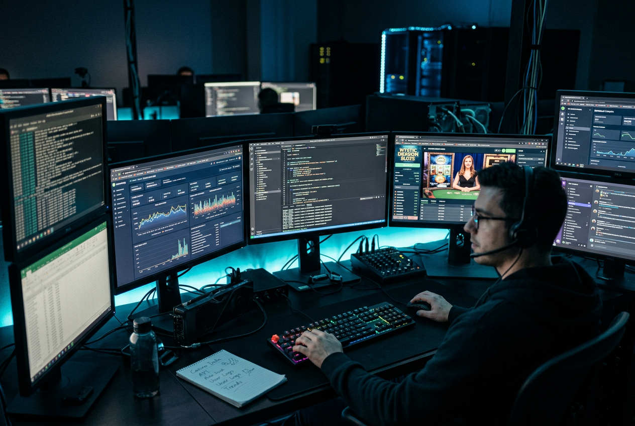 Analityk iGaming pracujący przy stanowisku z wieloma monitorami