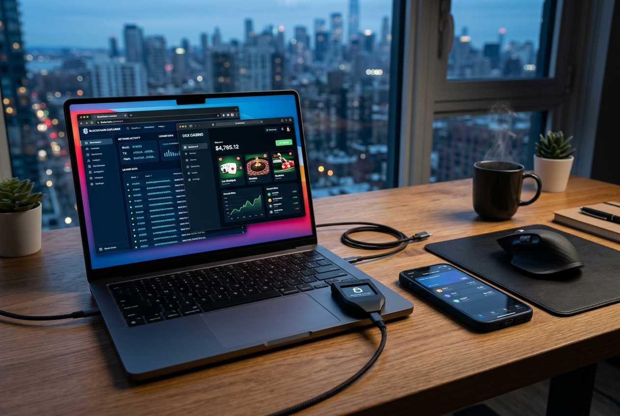 Close-up of a laptop screen showing blockchain transaction data and casino dashboard.