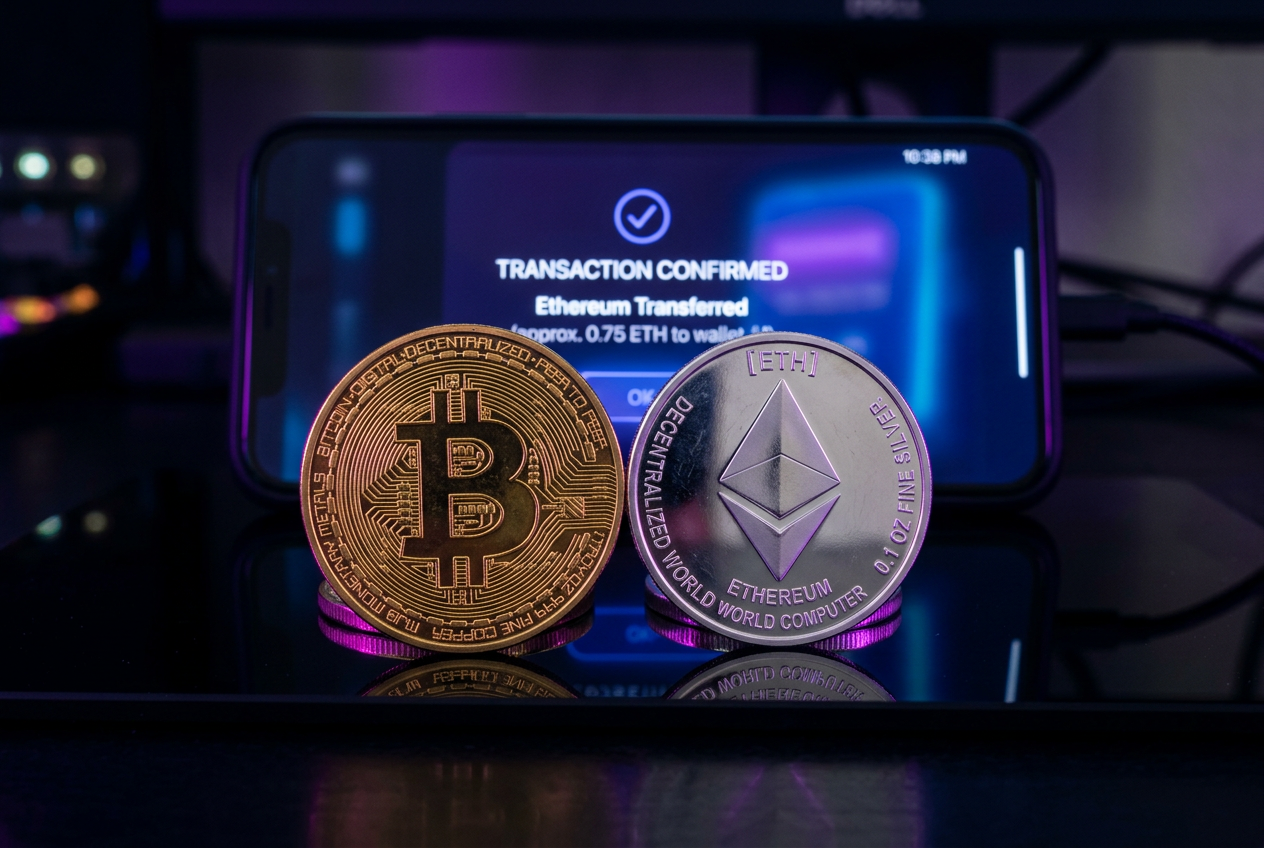 High-quality physical representation of Bitcoin and Ethereum coins next to a modern smartphone.