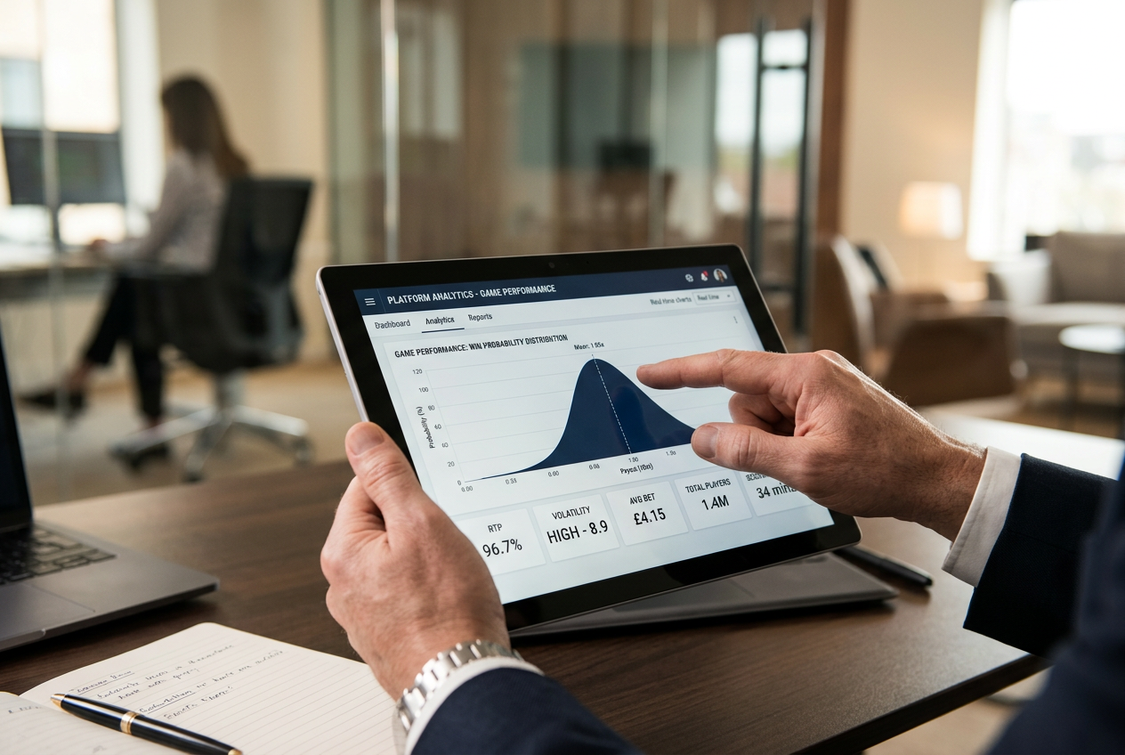 A tablet screen displaying statistical charts for RTP and game volatility.