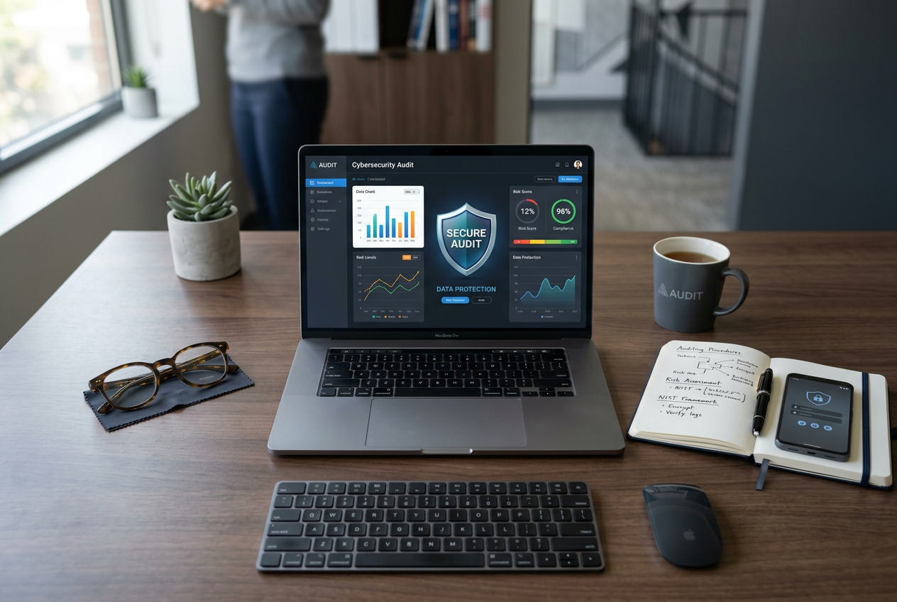 Professional workspace with a laptop showing audit charts and security icons.