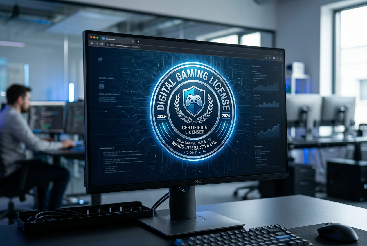 Cyfrowa pieczęć licencyjna na ekranie monitora z danymi analitycznymi w tle.
