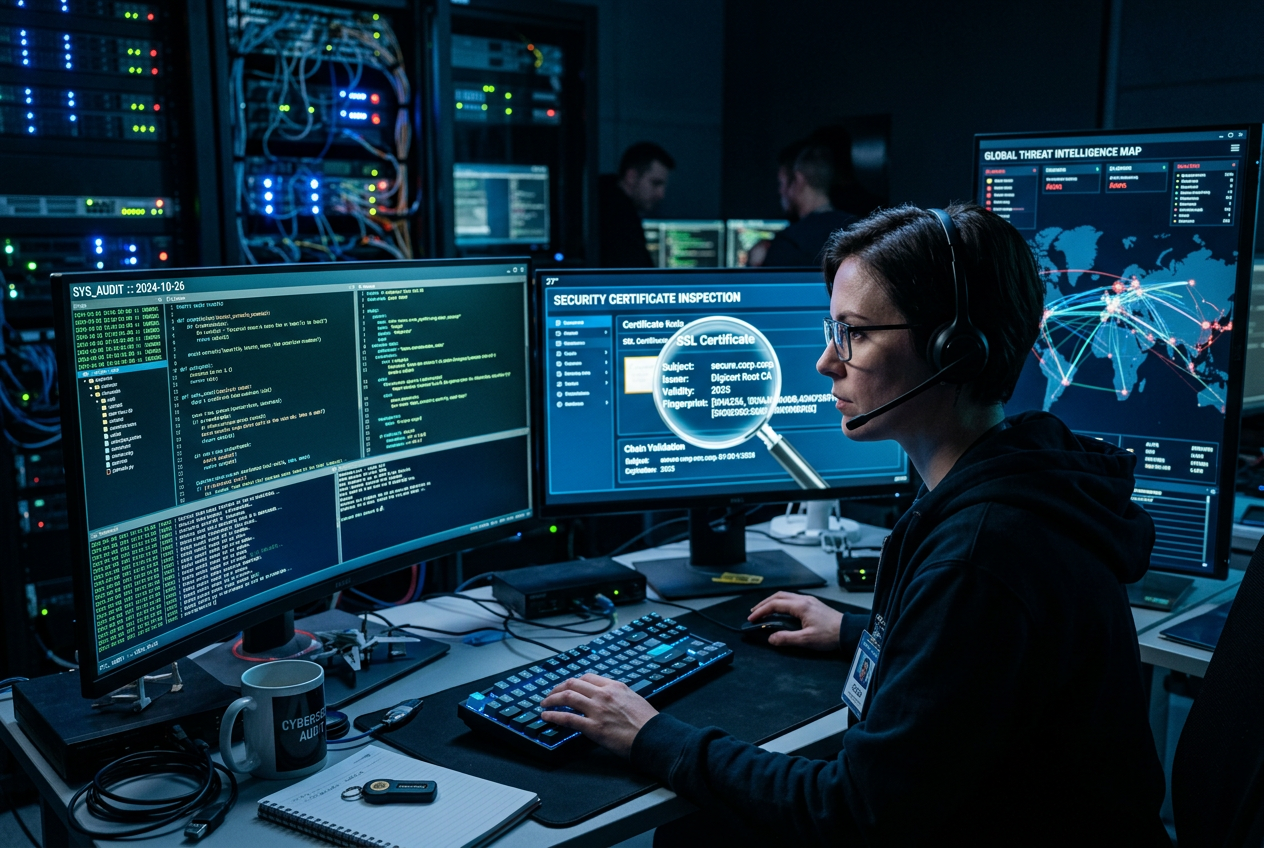 A high-tech digital security audit process visualization.